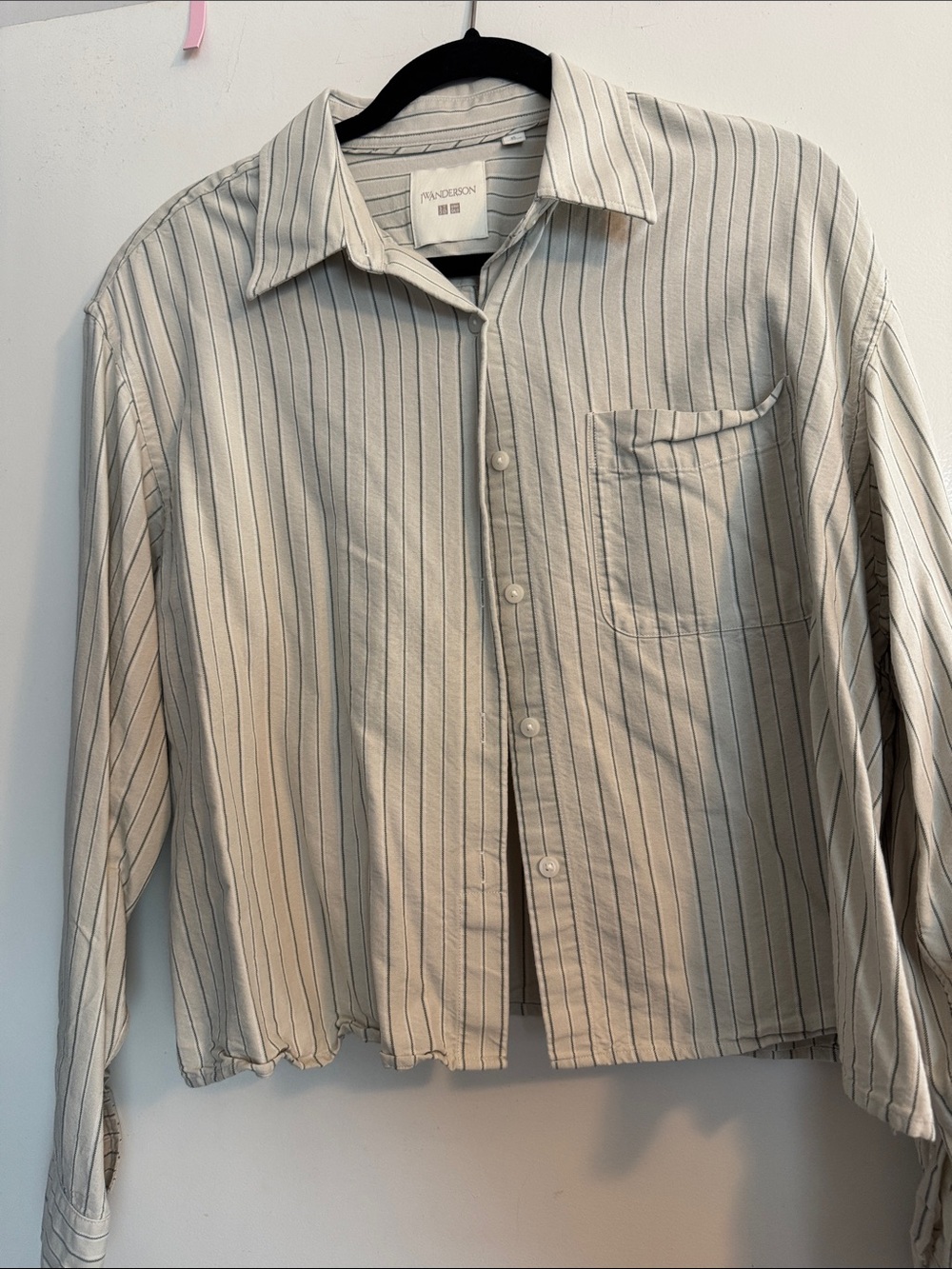 Uniqlo Striped Button-Up Shirt in Cream with Black Pinstripes